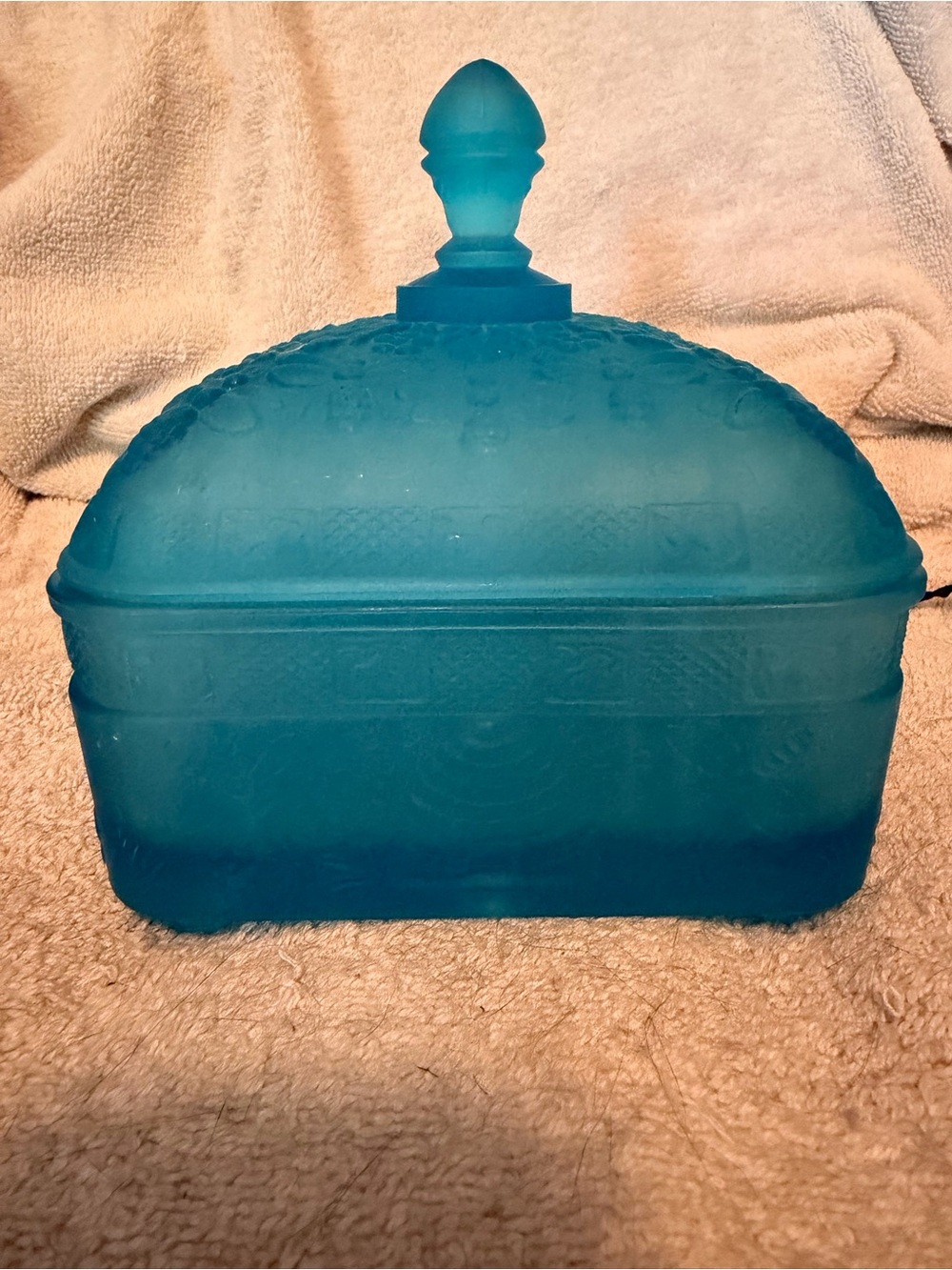 Blue Frosted Indiana Glass Tiara Covered Dish with Finial Lid “bee box”